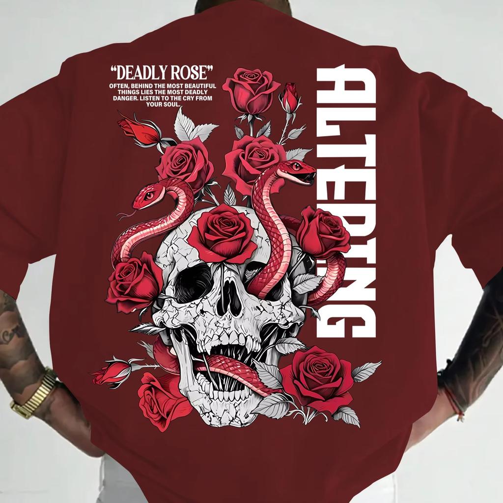 Summer Hot Sale Casual Loose Deadly Rose Skull Snake Graphic Tee Y2k Unisex Cotton Gothic Round T-Shirt Loose Cozy And Versatile