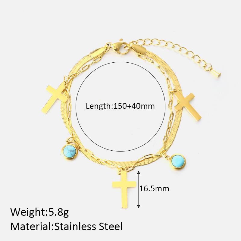 New European and American cross double-layer bracelet simple niche design turquoise pendant stainless steel gold-plated bracelet
