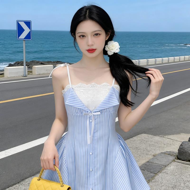 Summer Stripe Spliced Aline Dress With Sleeveless Design For Casual Women