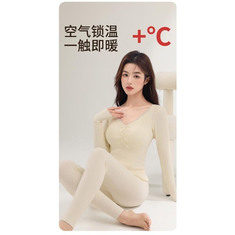 Women Thickened Fleece Thermal Underwear Set With Built In Chest Pad Slim Long Sleeve Top And Long Pants