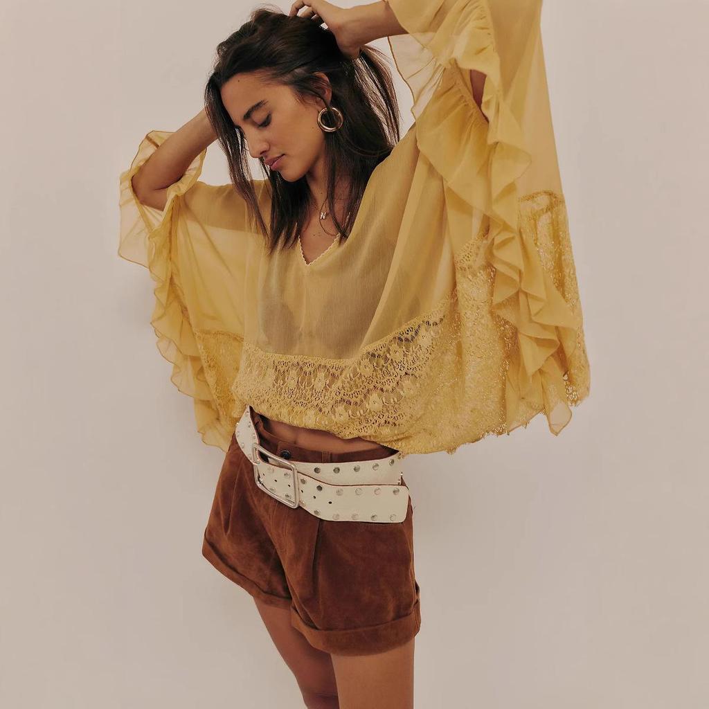 Women's Batwing Sleeve Mesh Cover-up: Spring/Summer Loose Beach Top with Lace Patchwork and Sun Protection.