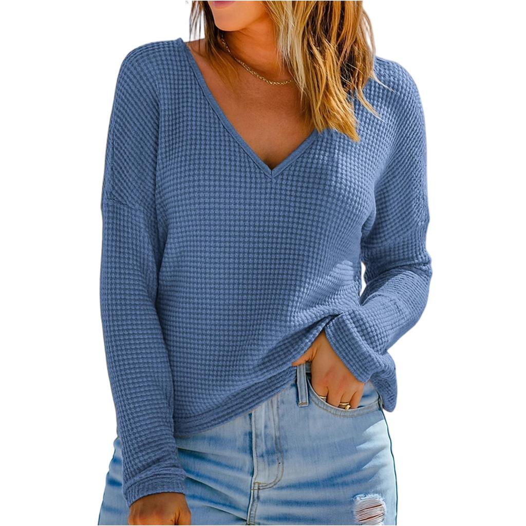 Women's Fashionable Solid Color V Neck Long Sleeved Casual Pullover T-shirt Top