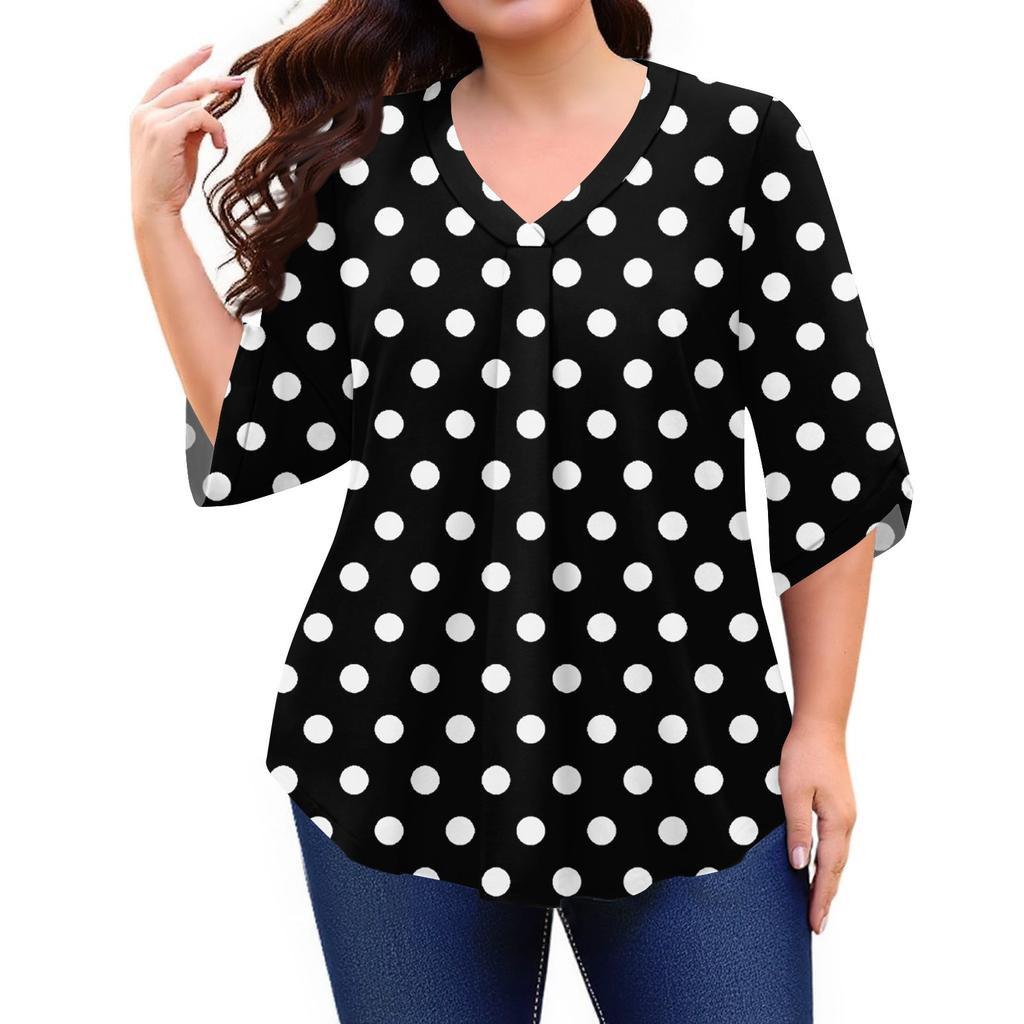 Women's Fashion Large Size Printed V-Neck Three-quarter Sleeve Top