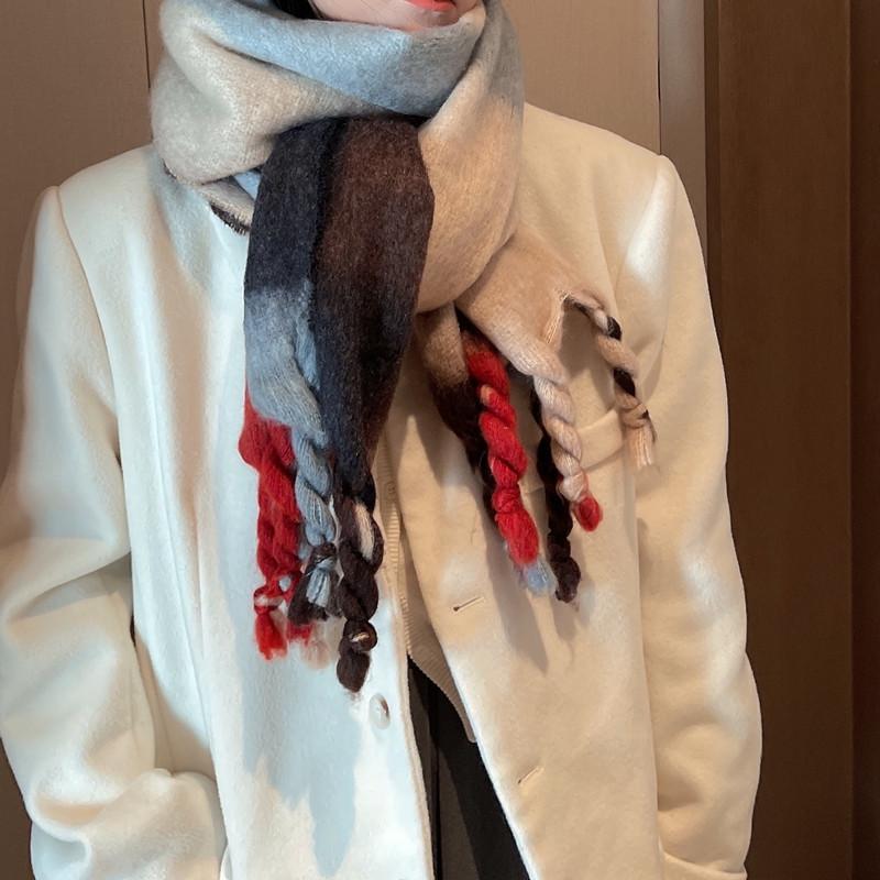 South Korean Ins2024 New Winter Geometric Color Gradient Mohair Fringe Scarf Women'S Shawl Two Use Scarf