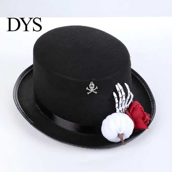 Skull Rose Costume Hat Adults Felt Top for Men Women, Steampunk Halloween Cosplay with Skeleton Makeup Party Decor Hand And Rose, Black Gothic