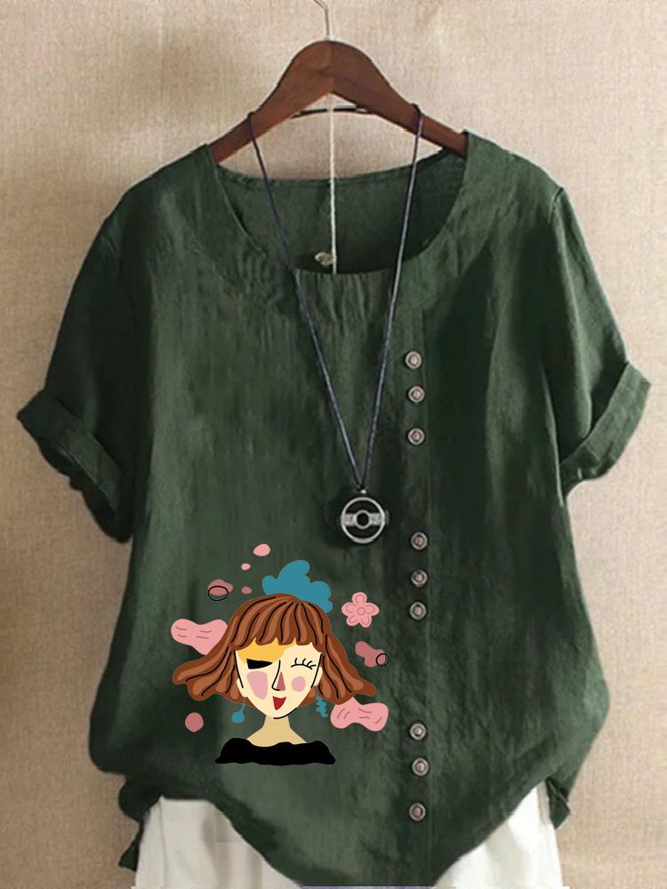 Women's Fashion Abstract Girl Print Shot Sleeve T-shirt Loose Cotton Shirt Casual Loose Summer Plus Size Blouse Tops