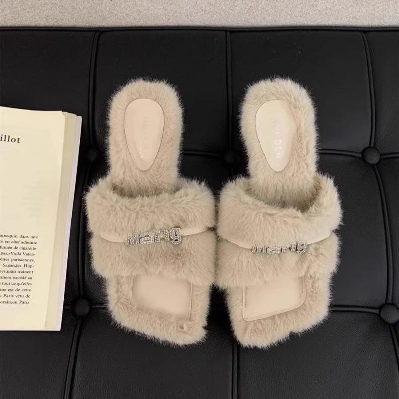 Thick heel fluffy slippers women's outer wear 2025 new spring and autumn high-end temperament gentle fairy style high heels cotton drag
