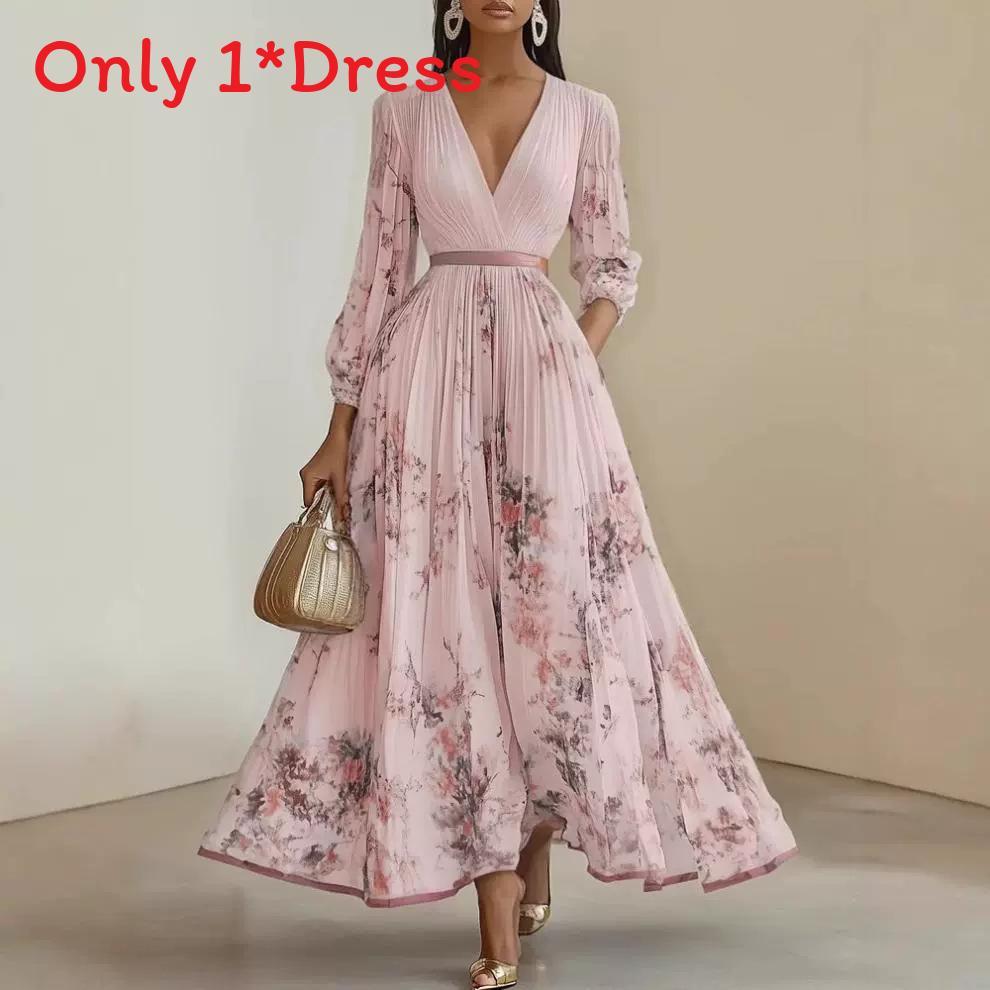 Elegante Abito Lungo con Stampa Floreale, Scollo a V e Design Pieghettato per la Serata