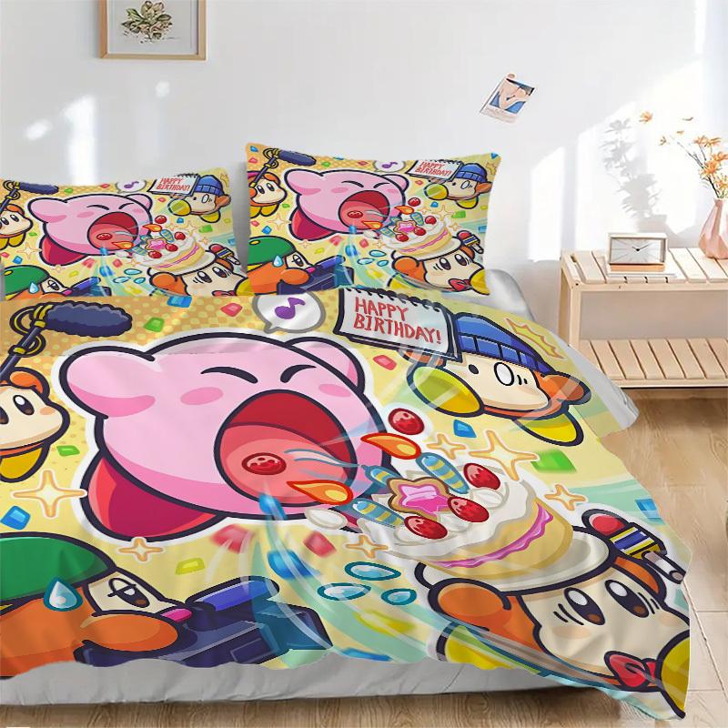 3-teiliges Bettwäsche-Set Kirby Party Enthält 1 Bettdecke + 2 Kissenbezüge, Ohne Kissenfüllungen, Weich Bequem, Leicht Atmungsaktiv, Bedruckt