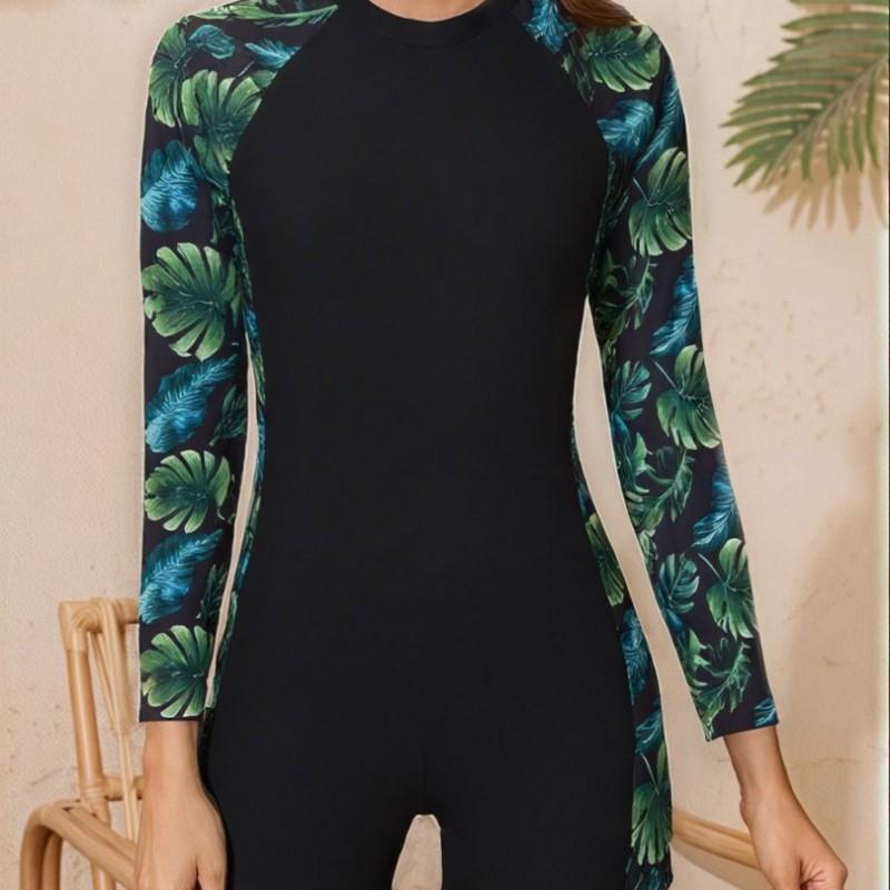 Body Shaping Long-sleeved Printed Round-neck Diving Suit One-piece Boxer Women's Sports Swimsuit