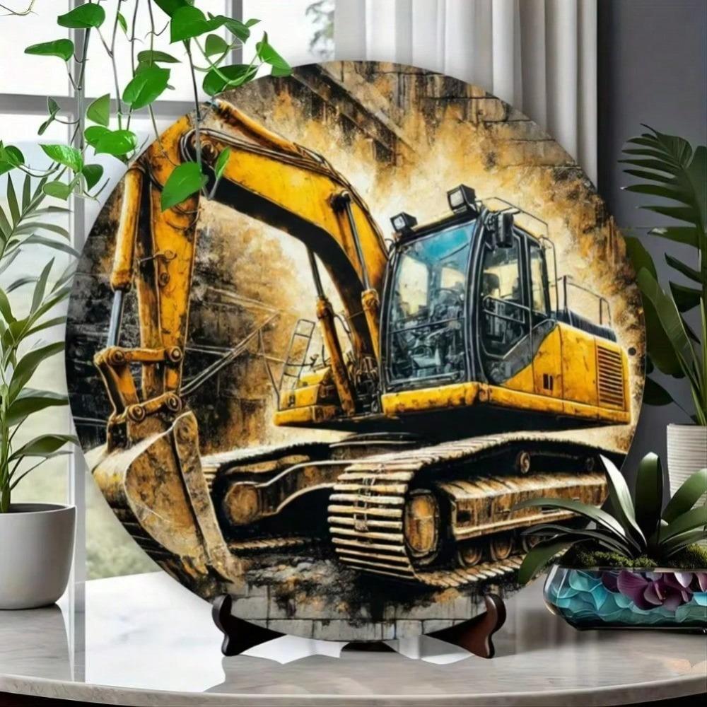 2D Flat Circular Metal Wall Art Excavator Design For Home Garden Decor