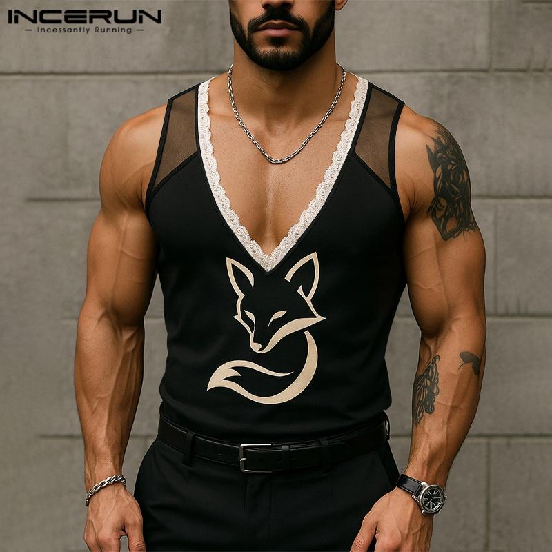 INCERUN Summer Men Deep V Neck Sleeveless Lace Hem Print Casual Tank Tops