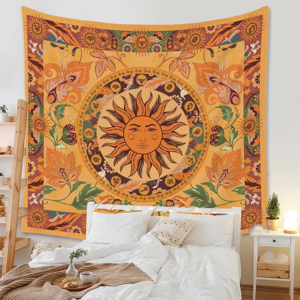 Beautiful Interior Decoration Tapestry Psychedelic Sun and Moon Mandala Flowers Home Wall
