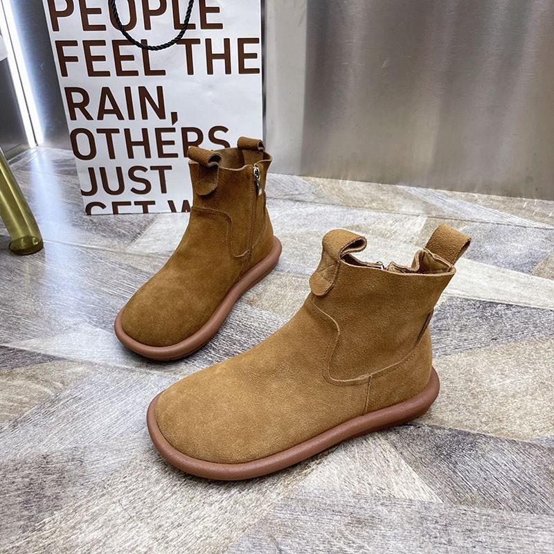 Mori Literary Suede Boots Women's Short Boots 2024 New and Bare Boots Side Zipper Martin Boots Flat-soled Short Cotton Shoes