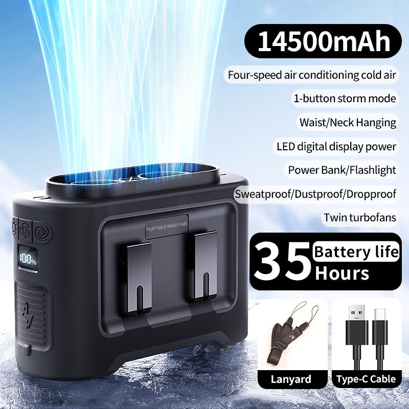 

5-скоростной портативный поясной вентилятор с мощным ветром, охлаждающий вентилятор для тела, носимый на поясе, вентилятор с аккумулятором 14500 мАч, шейный вентилятор для работы на открытом воздухе, кемпинга, путешествий
