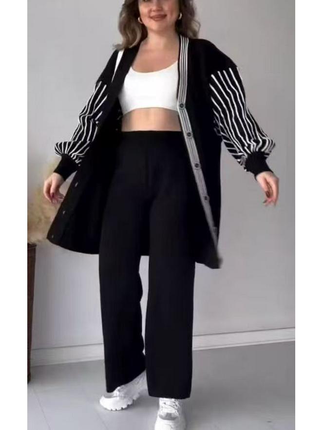 In Stock 2025 Autumn/Winter European & American Fashion Striped Casual Lazy Style Set