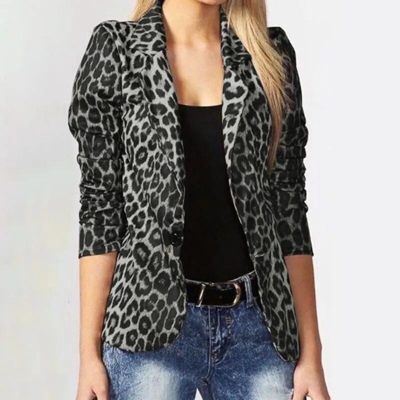 Spring Autumn Long Sleeve Single Breasted Jacket Fashion Leopard Commuter Coat Temperament Turn Down Collar Collar Suit