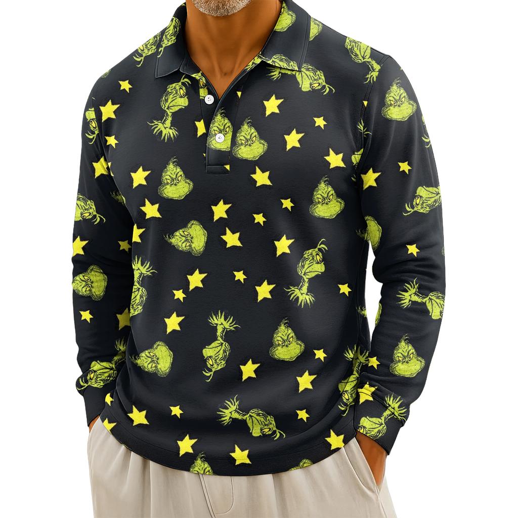 Men's Casual Christmas Print Button Long Sleeve Shirt