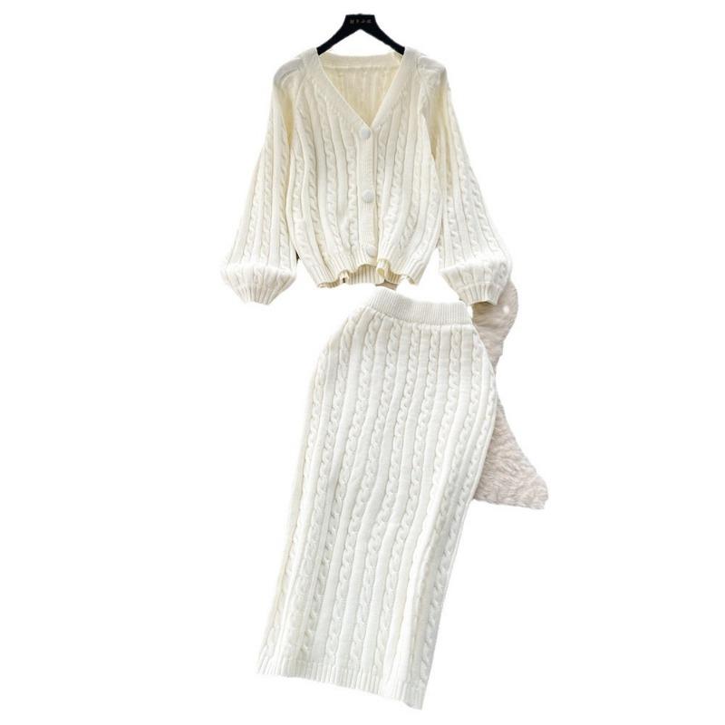 V-neck twist sweater women's two-piece set autumn and winter new loose lazy skirt knitted sweater set