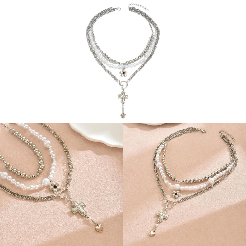Gothic Cross Heart Pendant Necklace With Multilayer Pearl Design For Women And Men