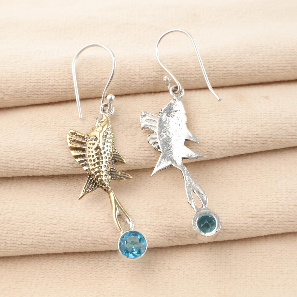 Swiss Blue Topaz Gemstone 925 Sterling Silver Jewelry Handmade Earrings 2.17" EE-148-18