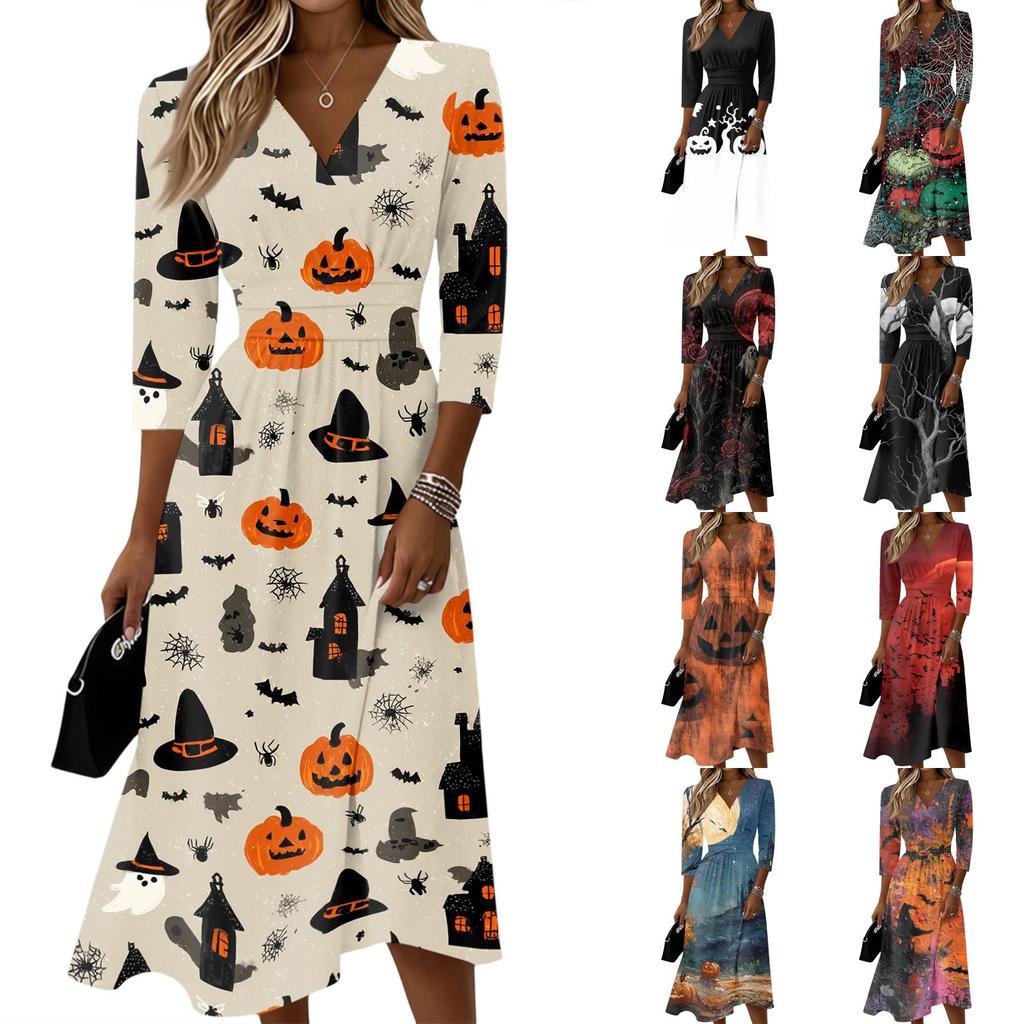 Womens Casual V Neck Midi Dress Three Quarter Sleeve Back Zipper Halloween Print Dress