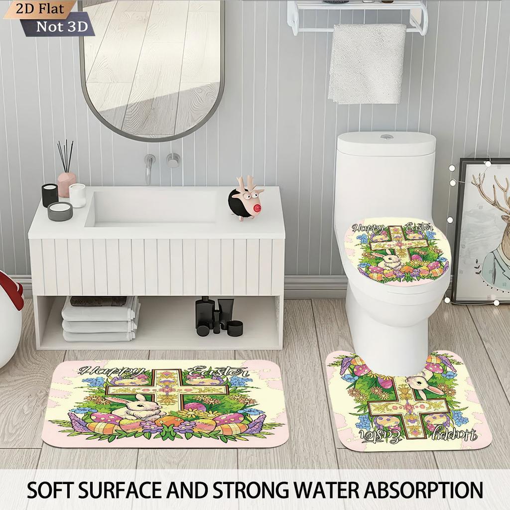 4pcs Easter Cartoon Rabbit Cross Print Bathroom Set 180x180 Waterproof Shower Curtain 12 Hooks Floor Mat Toilet Mat U-Shaped Mat