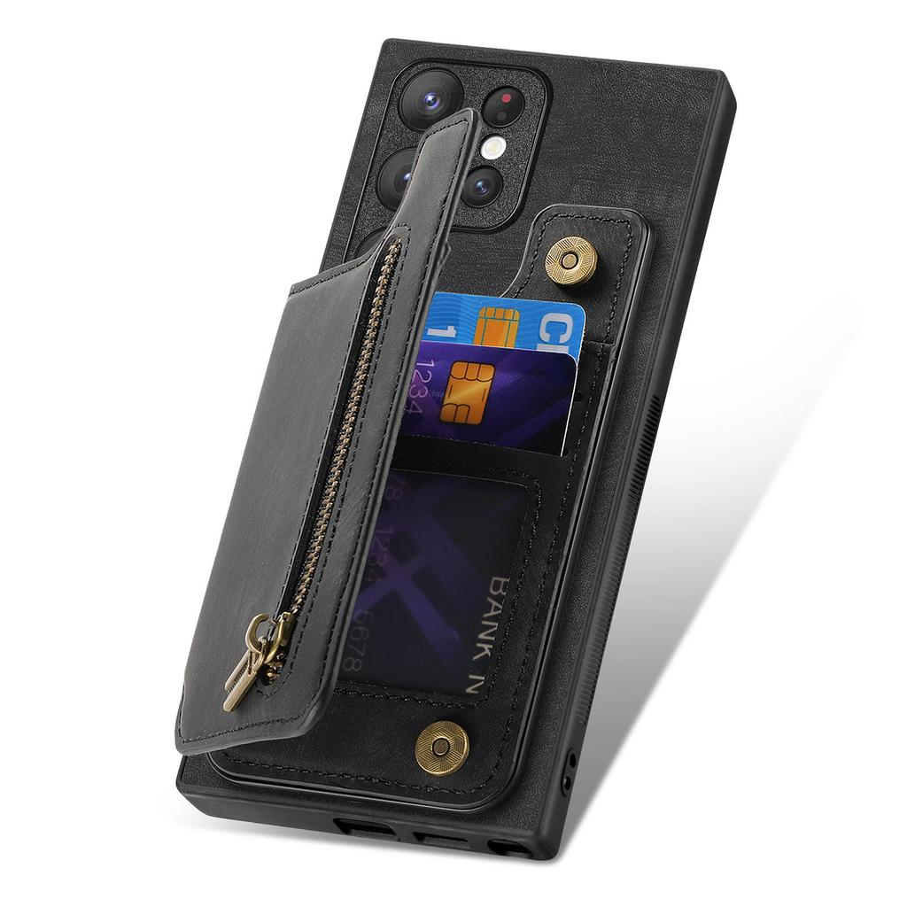 D15 For Samsung Galaxy S23 Ultra Case Retro PU+TPU Zipper Wallet Phone Cover with Kickstand