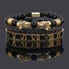 Luxury Black Stone Beads Leopard Head Man Bracelet Enamel Stainless Steel Roman Bangles Women Jewelry 3 Pieces Make a Set