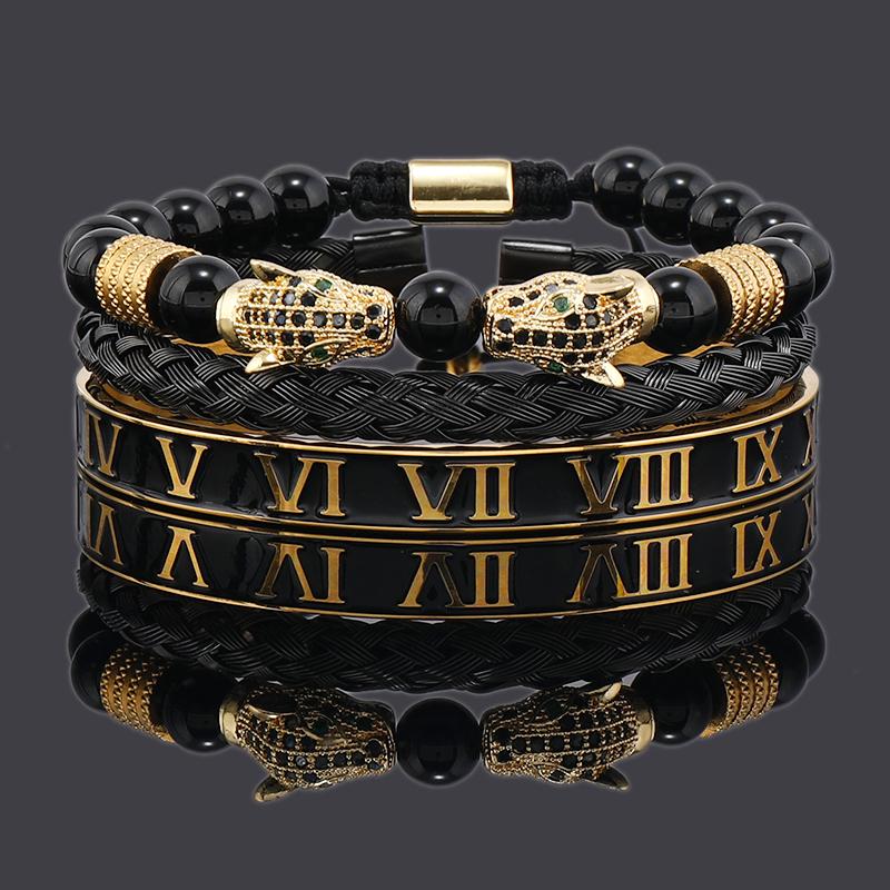 Luxury Black Stone Beads Leopard Head Man Bracelet Enamel Stainless Steel Roman Bangles Women Jewelry 3 pieces make a set