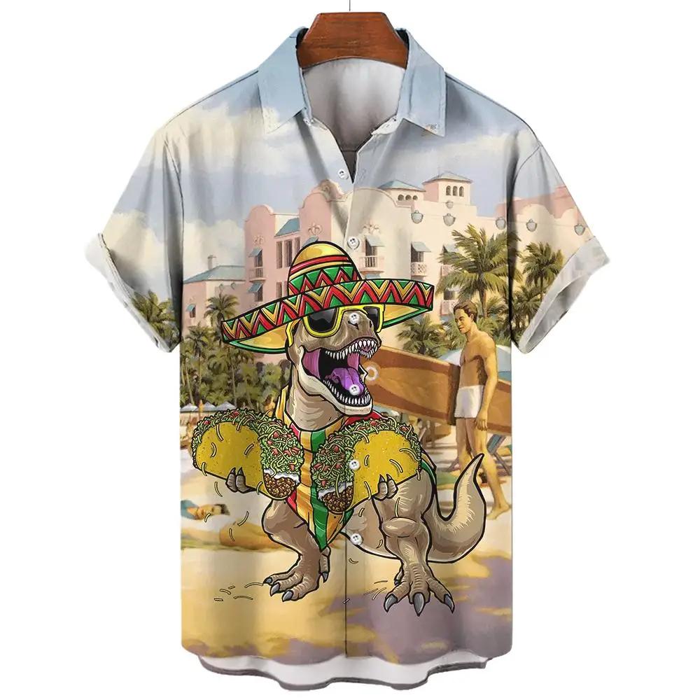 Dinosaur Skull & Tropical Leaf Print Short Sleeve Shirt, Casual Summer Top