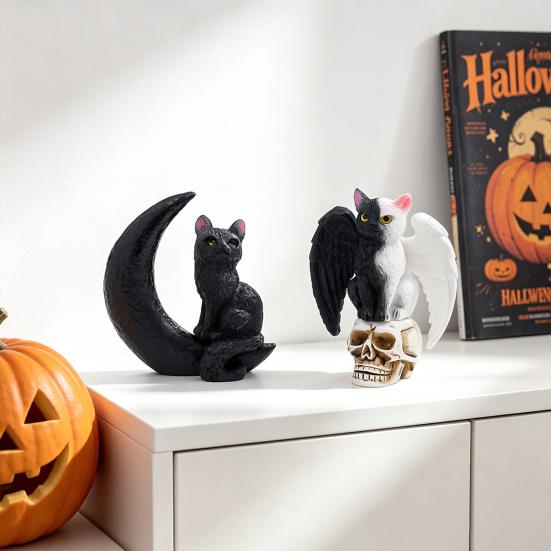 Halloween Cat Figurine, Resin Witch Hat/Moon/Pumpkin/Skull Cat Statue for Halloween Tabletop, Mantel, Shelf, Desk Decor
