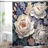 Elegant Floral Shower Curtain, Navy Blue & Cream White Large Blooms Fabric Bathroom Decor with Touches of Purple & Orange