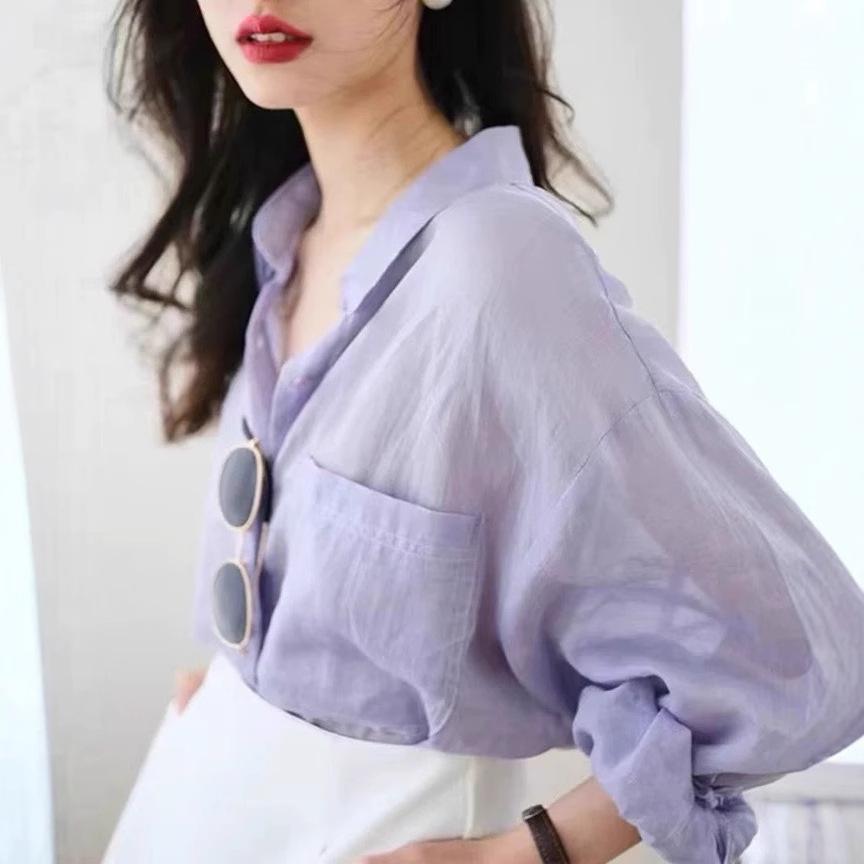 French purple cotton-linen shirt for women, early spring design, niche, high-end, casual, chic shirt top