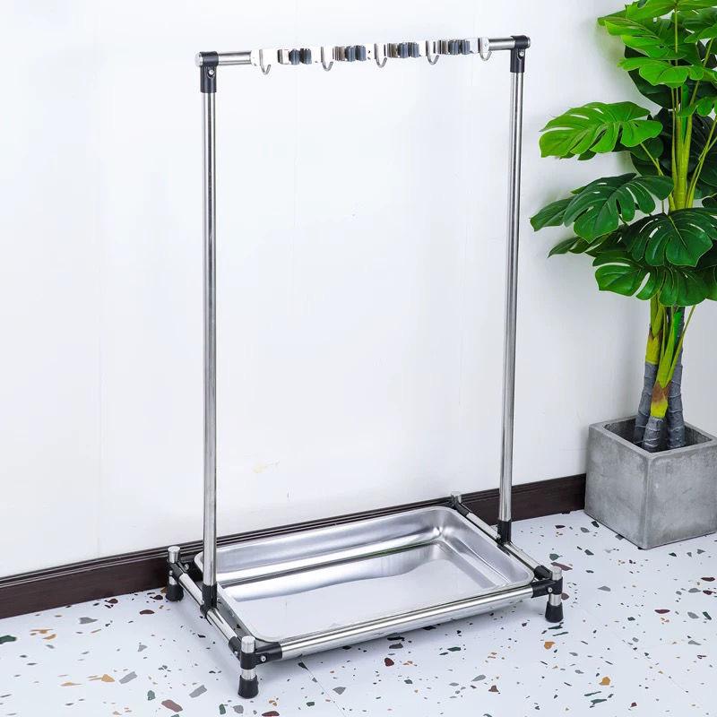 Stainless Steel Movable Mop and Broom Storage Rack for Commercial Hotel Linen Cart.
