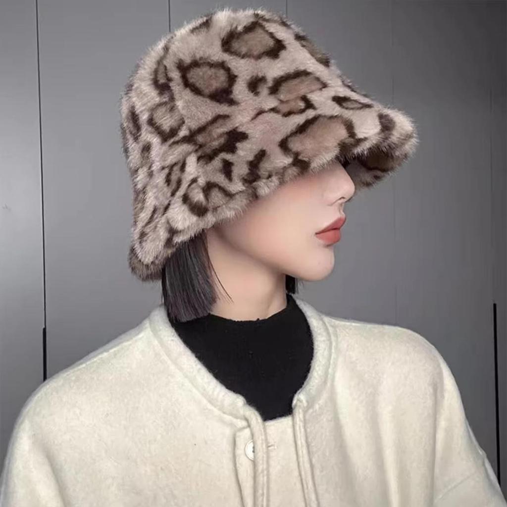Bob léopard vintage en peluche pour femmes à large bord, chaud pour l'hiver, en fourrure duveteuse, chapeau de pêcheur, féminin, extérieur, coupe-vent, casquettes bassin