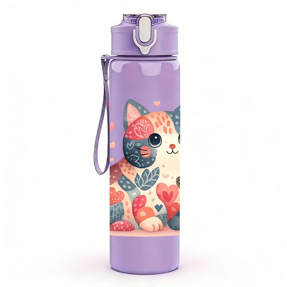 1PC Heart Floral Cat 750ml Color Plastic Sports Water Bottle Leakproof Flip Straw Lid Suitable for Sports Office Home Use