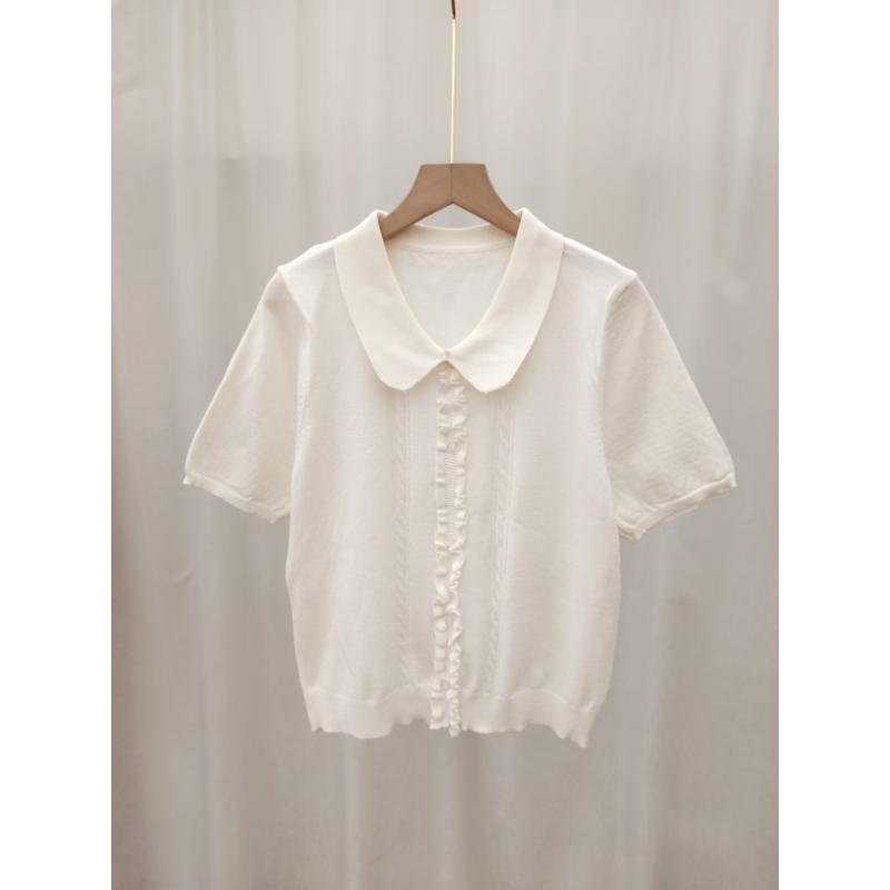 Sweet Wooden Ear Sleeve Short-Sleeved Knitted T-Shirt for Women - Summer New Design - Casual and Versatile Baby-Style Top