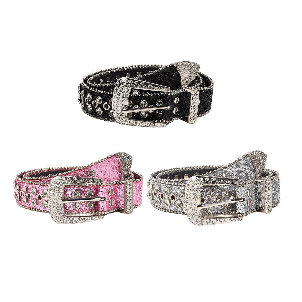 Rock Fans Waist Belt Adjustable Pin Buckle Rhinestone Belt for Woman Girls Thin Full Sequins Waist Strap for Jeans Dress
