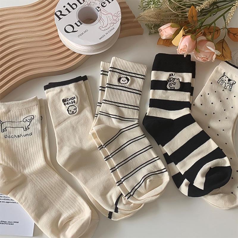 Women's Japanese Style Striped Cartoon Puppy Mid-Calf Cotton Socks - Cute, Breathable, and Versatile Embroidery Design.