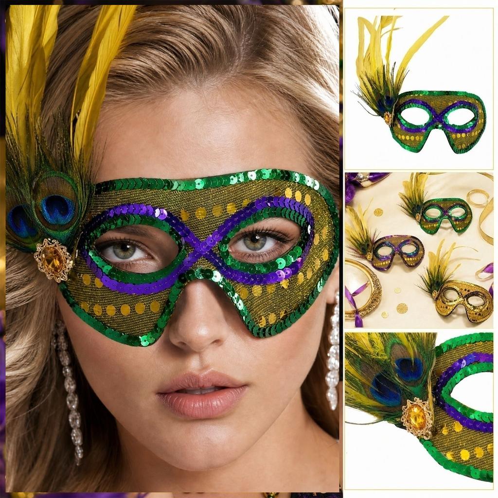 Women's Half Face Masquerade with Sequins and Feathers - Peacock Three Color Design for
