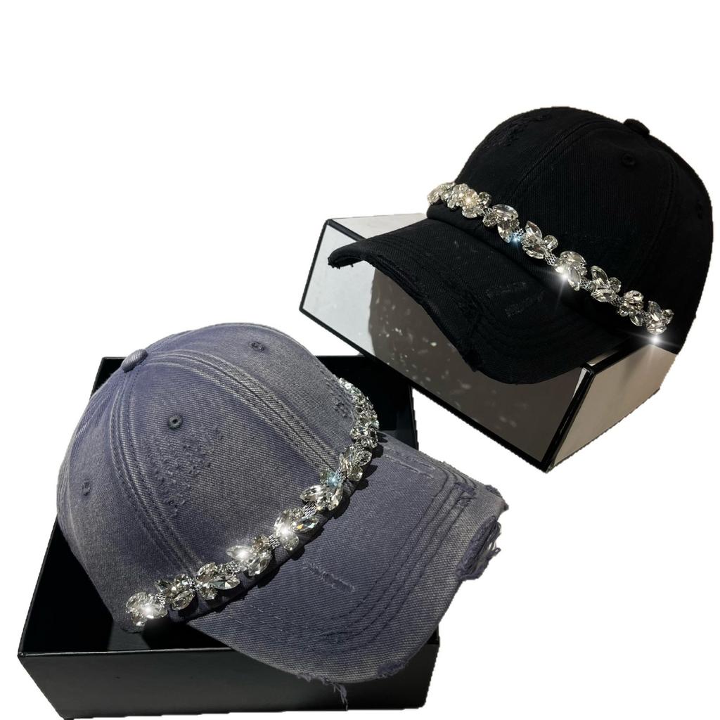 Light Luxury Rhinestone Cap Washed Cotton Ripped Baseball Cap Trendy Casual Versatile Women'S Hat