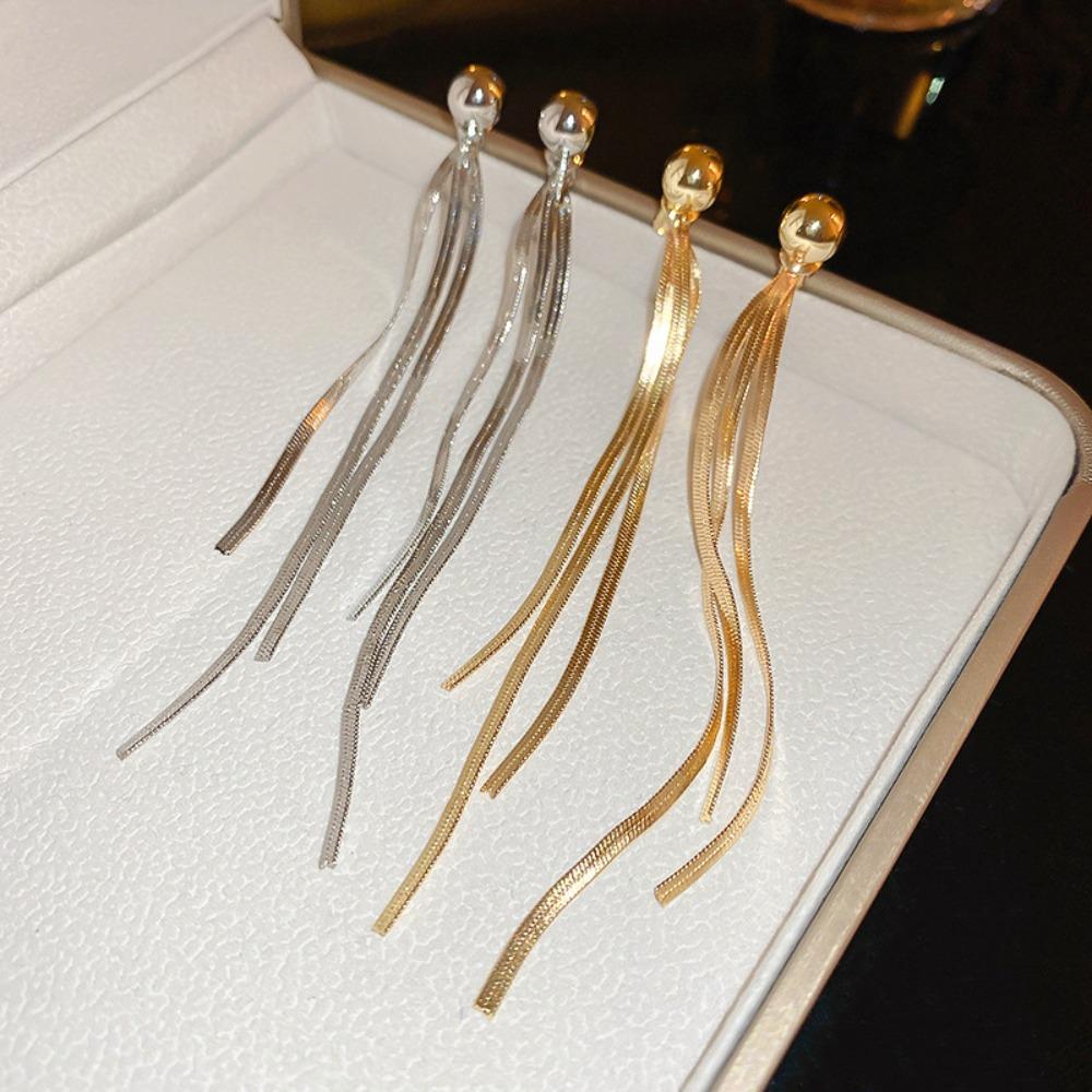 Minimalist Gold Color Snake Bone Chain Long Tassel Dangle Earrings for Women Daily Party Wear Face-slimming Statement Jewelry