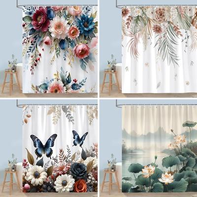 Pretty Floral Shower Curtain Blooming Flower Butterfly Lotus Polyester Fabric Home Shower Curtains Bathroom Decor With Hooks