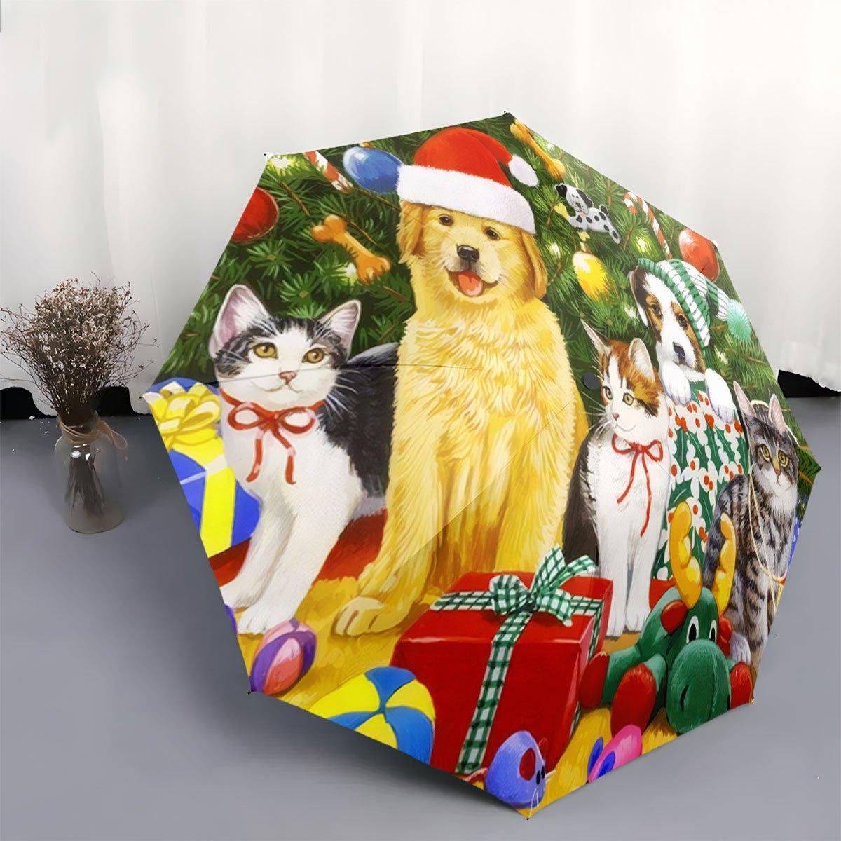 

Portable Folding Umbrella with Playful Dog in Santa Hat & Two Cats Design - Automatic Open/Close, 8-Rib Sturdy Frame, Compact (as the picture,Iron&8K)