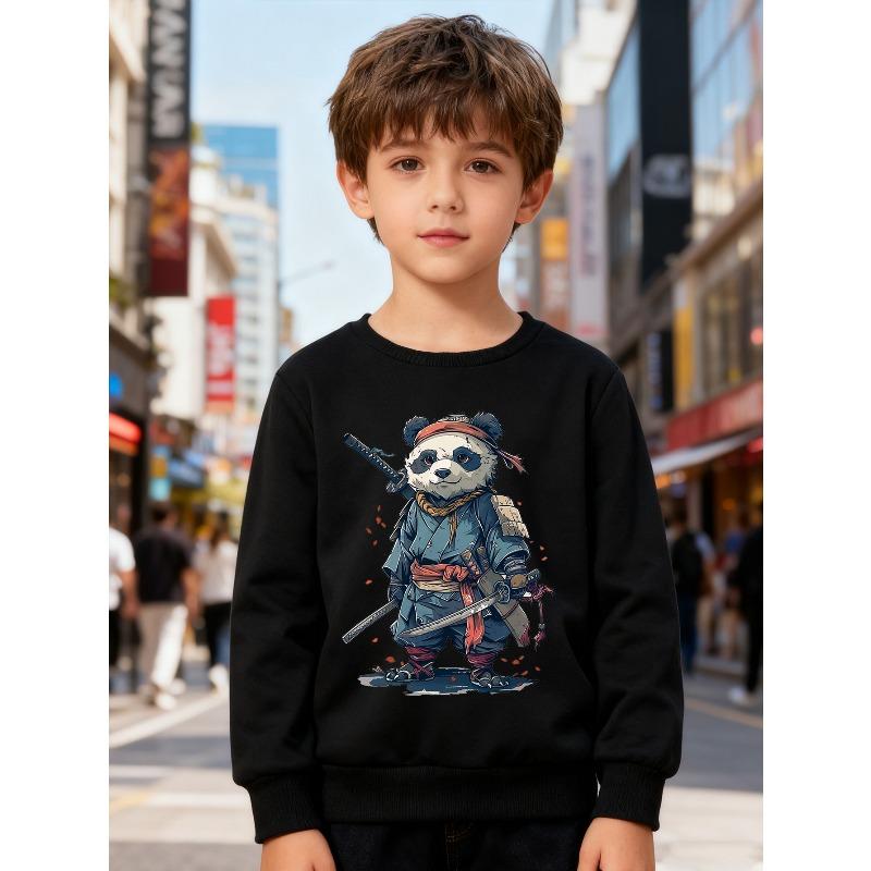 European Sizes Kids' Fashion Round-neck Pullover, Long-sleeved Top for , Panda Print, Suitable for Daily Casual Wear and Outdoor Activities