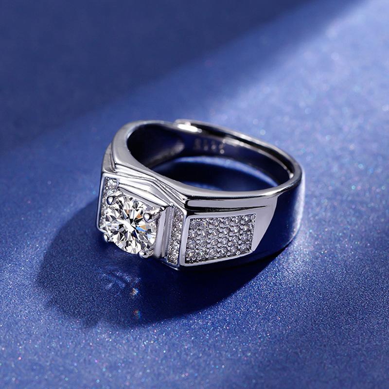 GemChic Men's Ring Exquisite Male Embed Moissanite Inset Zircon Wedding Opening Ring Adjustable Birthday Christmas Jewelry Gift