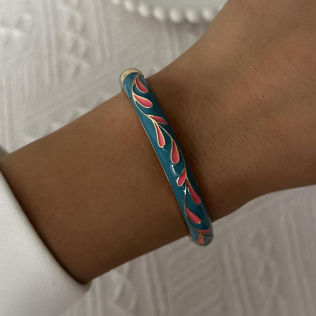 Boho Ethnic Style Multicolor Enamel Flower Zircon Bracelet For Women Gold Color Luxury Leaf Metal Texture Bangle Party Jewelry