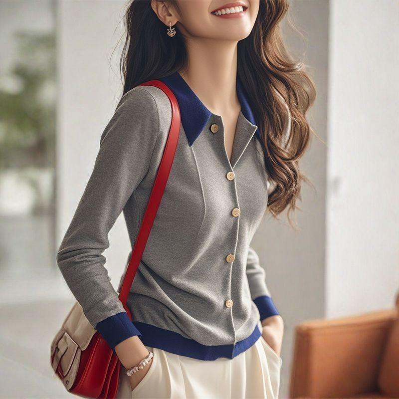 Gray Splicing Knitted Sweater Women's Autumn and Winter New Single-breasted Long-sleeved Bottoming Top Temperament Lapel Jacket