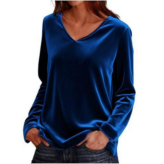 2026 Spring/Autumn Women s V-Neck Long Sleeve Solid Loose T-Shirt Small синий